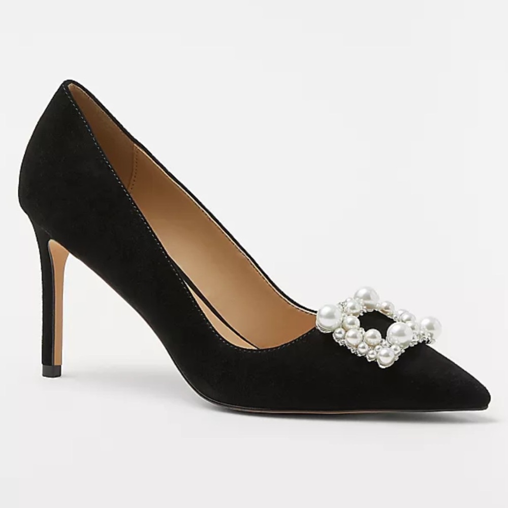Ann Taylor Pearlized Buckle Suede Straight Heel Pumps